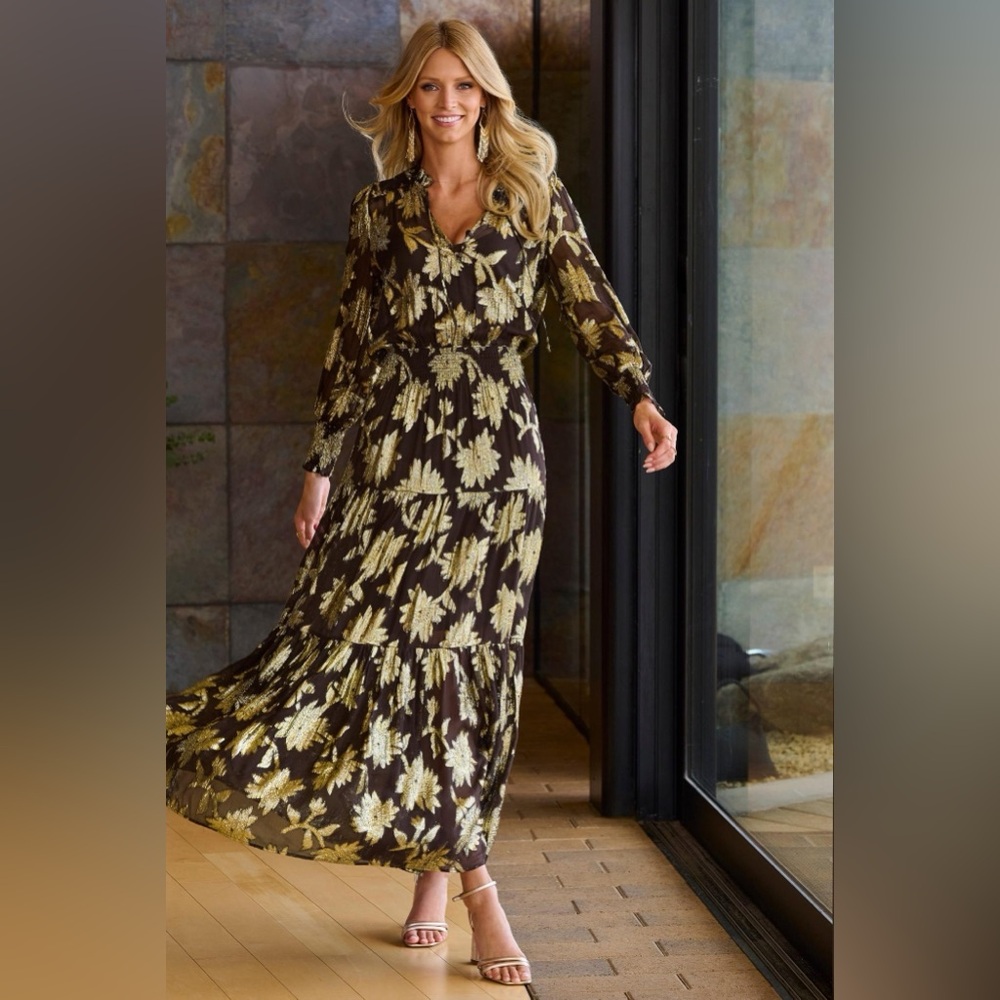 Boston Proper Brown & Gold Floral Maxi Dress